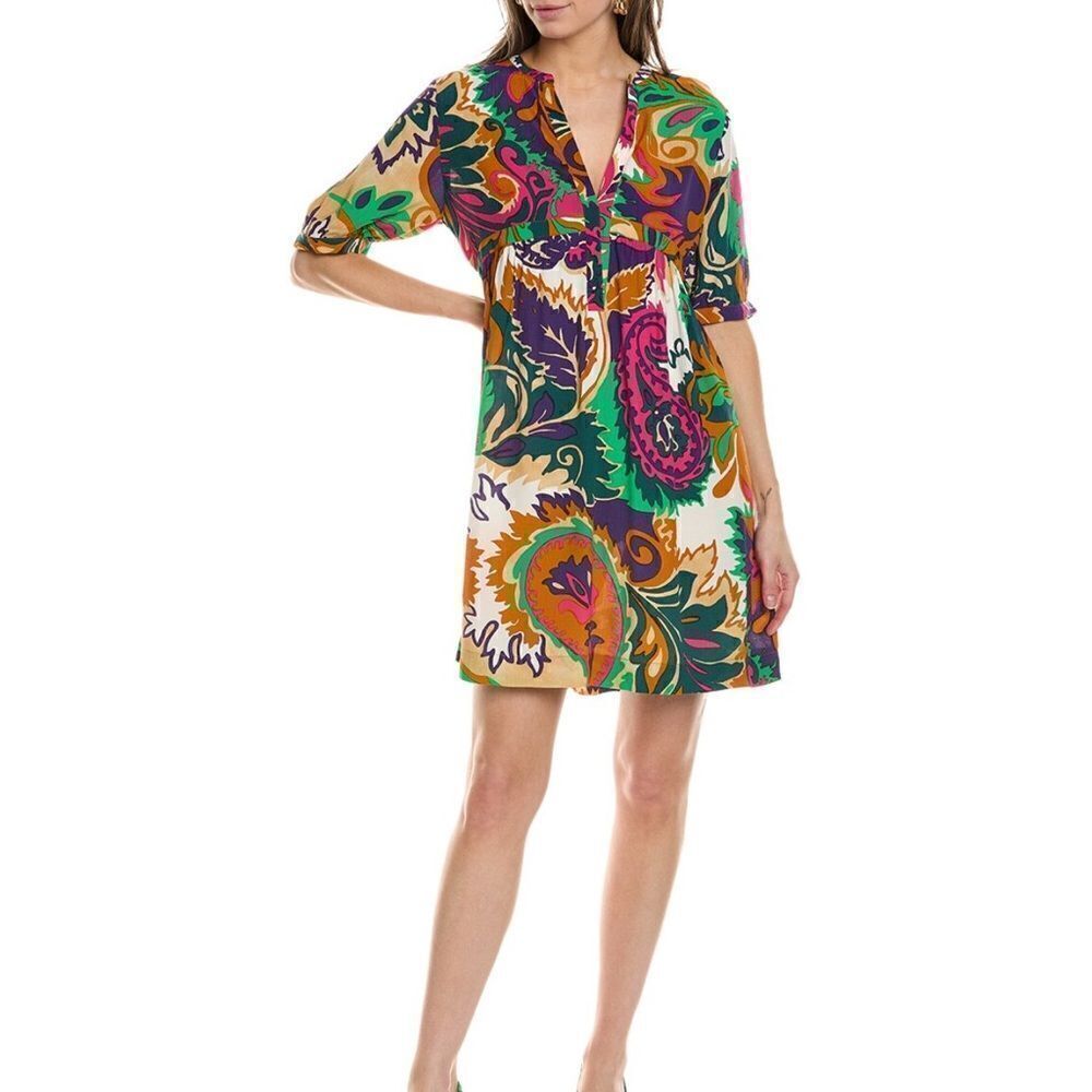 Ba&sh Printed Half Sleeve V-neck Colorful Slip On Mini Dress Size L